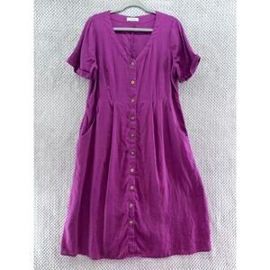 WoolOvers Dress US10 Purple Linen Maxi Button Front V-Neck Coastal Lagenlook